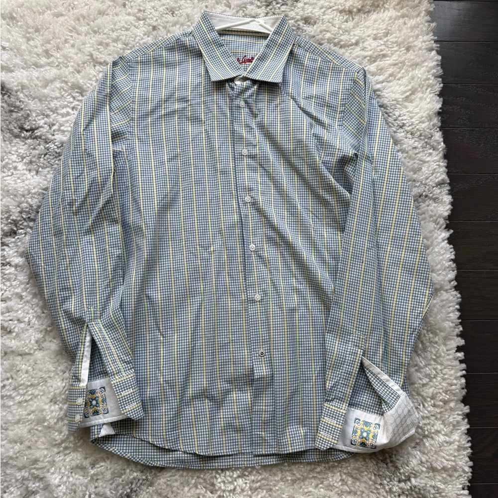 Like New Robert Graham Blue and White Gingham Button Down Shirt with Pinstripes